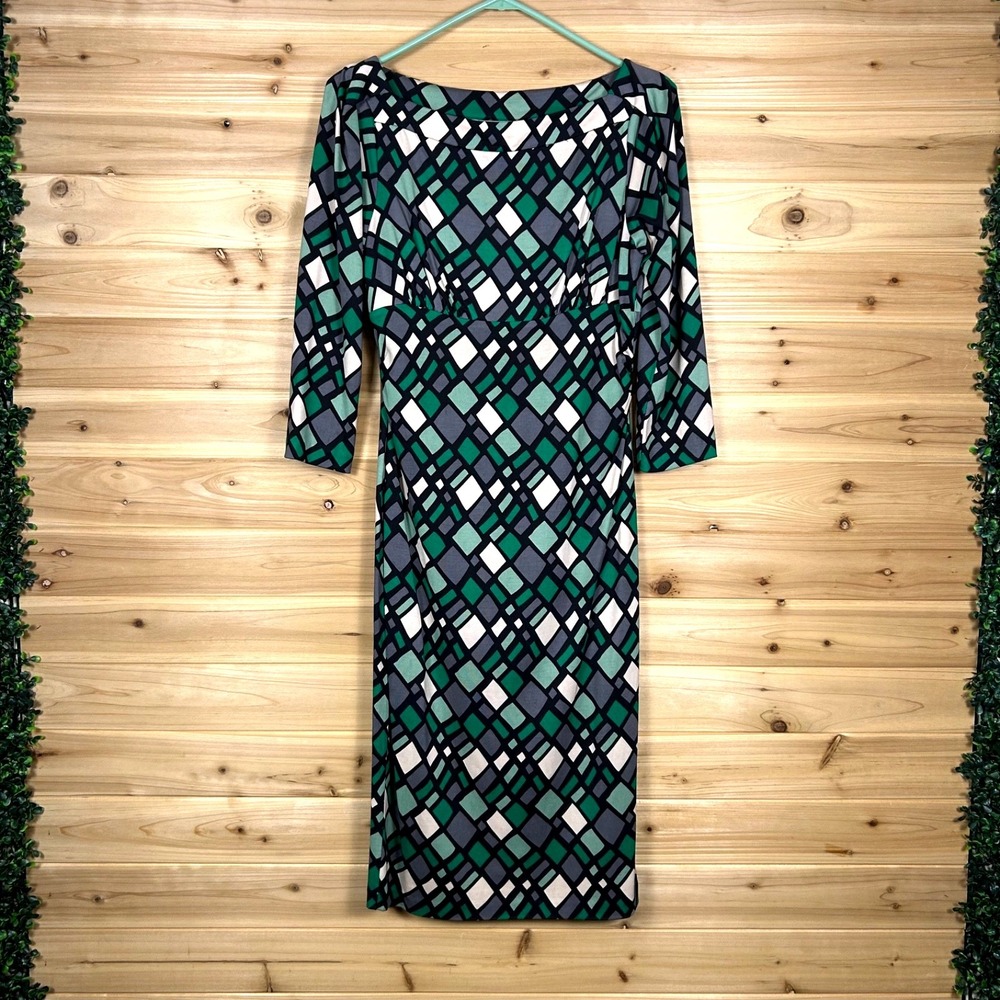 Diane Von Furstenberg Green, Black & White Geometric Long Sleeve Dress